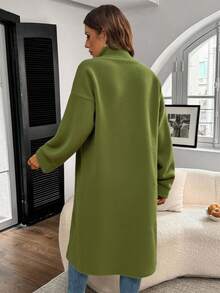 White Long Casual Cardigan, Fine Ribbed - Green - View 5