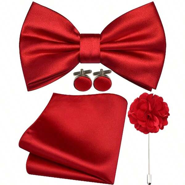 4PCS Solid Color Bow Tie And Pocket Square With Lapel Pin Cufflinks Set For All Types Of Occasions, Professional Events, Business Meetings (Bow Tie+ Pocket Square+Cufflinks+ Lapel Pin)