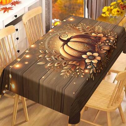 1/20pcs Autumn Thanksgiving Tablecloth, Classic Brown Wood Grain Background Embellished With Golden Flowers And Pumpkin Pattern Autumn Tablecloth, Vibrant Table Setting, Thanksgiving Decoration, Suitable For Kitchen, Dining Table, Holiday Party, Outdoor Picnic And Dinner Decoration