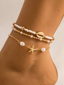3 pièces/Set Bracelet de cheville à pompon avec pendentif circulaire ton or simple avec perles, convient pour un port quotidien et les vacances