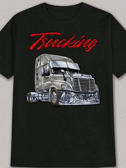Camiseta Casual de Verano para Hombre - Gráfico de Camionero Negro y Letra Roja Negrita, Camiseta Ligera de Poliéster con Cuello Redondo para Conductor de Camión y Entusiastas, Lavable a Máquina, Comodidad Diaria, Camiseta con Estampado Gráfico, Camiseta de Ajuste Cómodo
