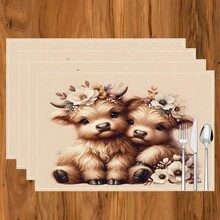 1pc/4pcs/6pcs Cute Highland Cow Printed Linen Placemats, Suitable For Dining Table, All Season Decor, Modern Washable Table Mats, Room Decor, Coasters, Kitchen Dining Mats, Indoor Outdoor Party Decoration, Home Decor, Ideal Gift - Multicolor - View 12