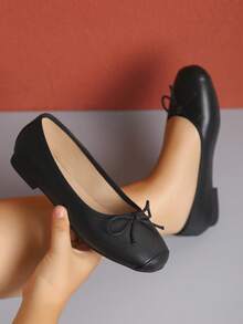 European & American Style Solid Color Bowknot Flat Shoes, Women's Casual Flats For Spring & Autumn