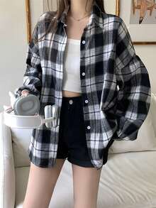 Autumn American Retro Black & White Plaid Shirt, Loose Mid-Length Korean Version Brushed Jacket For Women
