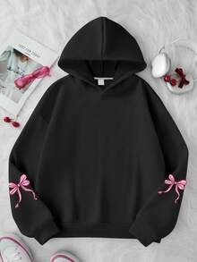 Felpa con cappuccio casual e ampia, stile da strada, con stampa a fiocco, adatta per ragazze, maniche lunghe, top casual versatile