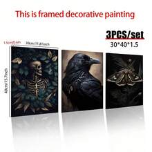 3 件木框帆布印刷装饰画、骷髅、乌鸦、黑暗学院、万圣节装饰、仿古哥特式绘画、深色乡村风格、维多利亚风格、室内家居墙面装饰艺术、动物家居墙面艺术、礼物、创意家居墙面装饰、卧室、客厅、厨房、浴室、咖啡厅、帆布墙面艺术、房间海报、家居装饰、房间装饰美学、西方装饰、秋季装饰 - 彩色 - 查看 17