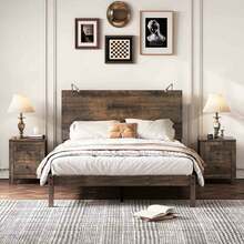 Farmhouse Bedroom Set 3-Piece Platform Bed With Built-In Bedside Lights And 2-Drawer Nightstand Antique Walnut