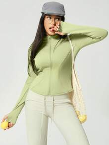 1pc Slim Fit Solid Color Stand Collar Zipper Stretchy Long Sleeve Thermal Lined Fitness Running Exercise Jacket For Women