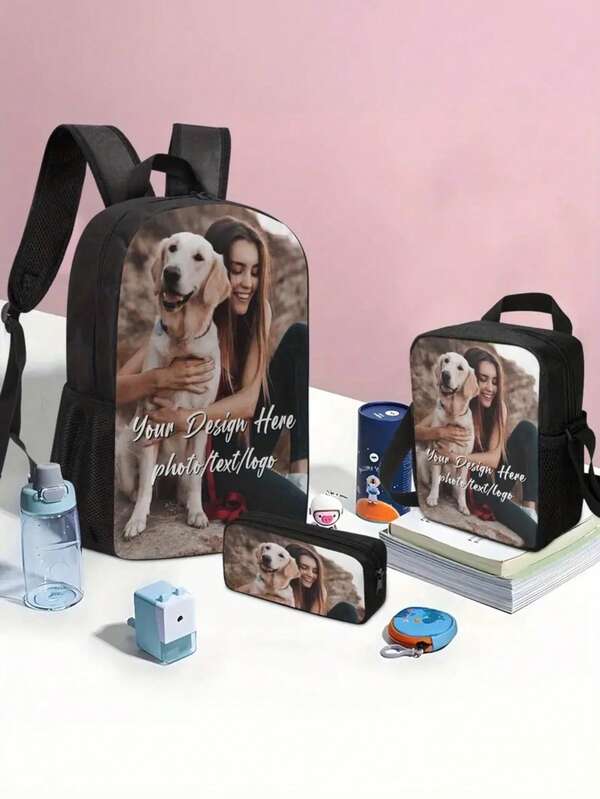 3pcs Custom Bag Set, Including Backpack, Shoulder Bag, Pouch - Designed With Your Image Or Text, Lightweight, Adjustable Strap, Zipper Closure, Unisex, Suitable For Daily Commute, School, Travel, Work, Mother's Day, Halloween, Christmas, Easter, Wedding, Father's Day, Thanksgiving