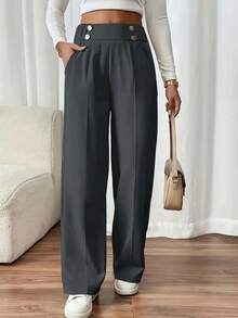 Plus Size Casual Long Wide Leg Pants Woven Fabric Pocket Button Details - Dark Grey - View 2