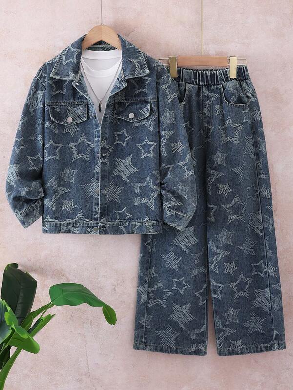 Jungen 2-teiliges Outfit: Jacquard Denim Jacke mit gewebtem Pentagramm und gerade geschnittene Jeans für den Herbst
