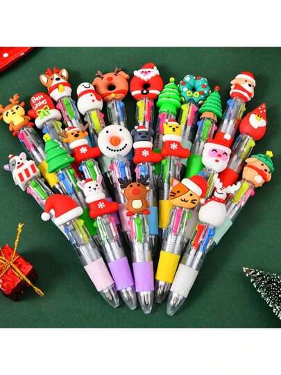 1/24pcs Mini Cartoon Ballpoint Pen Set - Student Learning Tool, Cute Santa Claus, Reindeer And Snowman Designs - Silicone Grip - Perfect For Office, Classroom Prizes, Party Gifts, Christmas Gifts