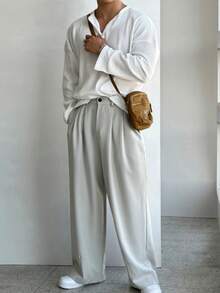 Henry Collar Waffle Knit Long Sleeve Lightweight Breathable Sun Protection T-Shirt For Men, Casual American Style Undershirt, Versatile Choice For All Seasons , Fall