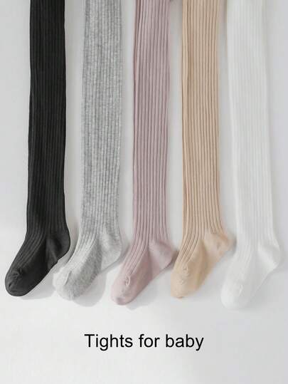 5 piezas Leggings de niña a rayas verticales de unicolor, mallas versátiles y minimalistas para niñas, aptas para uso diario, se pueden combinar con faldas y zapatos