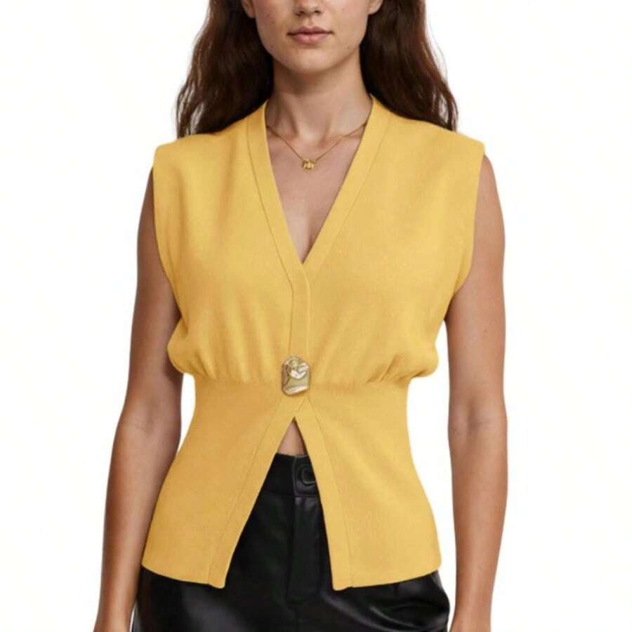Ommig Womens Vest Tops Button Down V Neck Sleeveless Knit Summer Top For Women - 黃色 - 查看 1