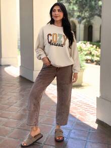 EMERY ROSE Sudadera holgada de mujer con cuello redondo, estampado de letras, hombros caídos y manga larga, de estilo casual, para otoño - Albaricoque - Ver 5