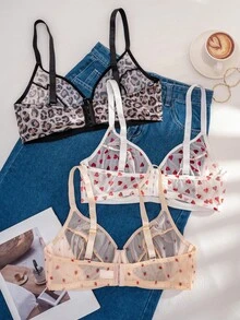 3 chiếc áo ngực có gọng thoải mái, nâng ngực, họa tiết trái tim, dâu tây, màu trơn cỡ lớn dành cho nữ - Nhiều màu - Xem 2