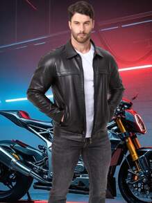 Men's Sports PU Leather Jacket, Zipper Pockets, Lapel Collar Top Outerwear, Couple Style Racing Motorcycle Casual