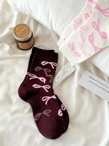 4 双女士蝴蝶结图案中筒袜柔软休闲袜，适合日常穿着和外出，适合春夏季