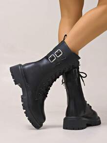 1 Pair Women's Black Thick Sole Motorcycle Boots, Lace-Up Round Toe Fashion Boots With Side Zipper, Versatile Mid-Calf Leather Boots, All-Match Style For Autumn/Winter,Party