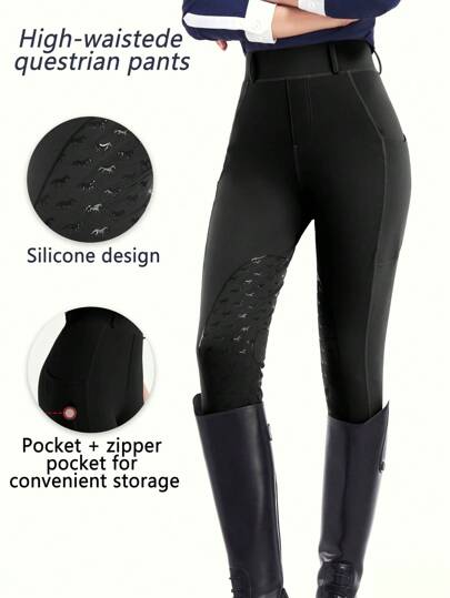 Women's Sky Blue Horse Print Silicone Grip Riding Pants, Mid-Waist Slimming, Side Pockets, Stretchy, Sweat-Wicking, Breathable, Soft & Comfortable, Suitable For Outdoor Horse Riding Sports