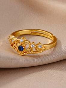 Anéis de aço inoxidável com zircônia cúbica em formato de coração, banhados a ouro 18K, com duas camadas, ajustáveis, abertos, para mulheres, mães, românticas, douradas, férias, acessórios de joias para casamento, presentes para o dia das mães e dia dos namorados - Aço inoxidável - Ver 9