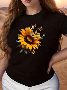 Women's Sunflower & Butterfly Print Summer Casual TShirt, Cute Floral Graphic Tee, Soft Comfortable Crew Neck Short Sleeve Tops, Best Gift For Ladies, Stylish And  Fashion Apparel