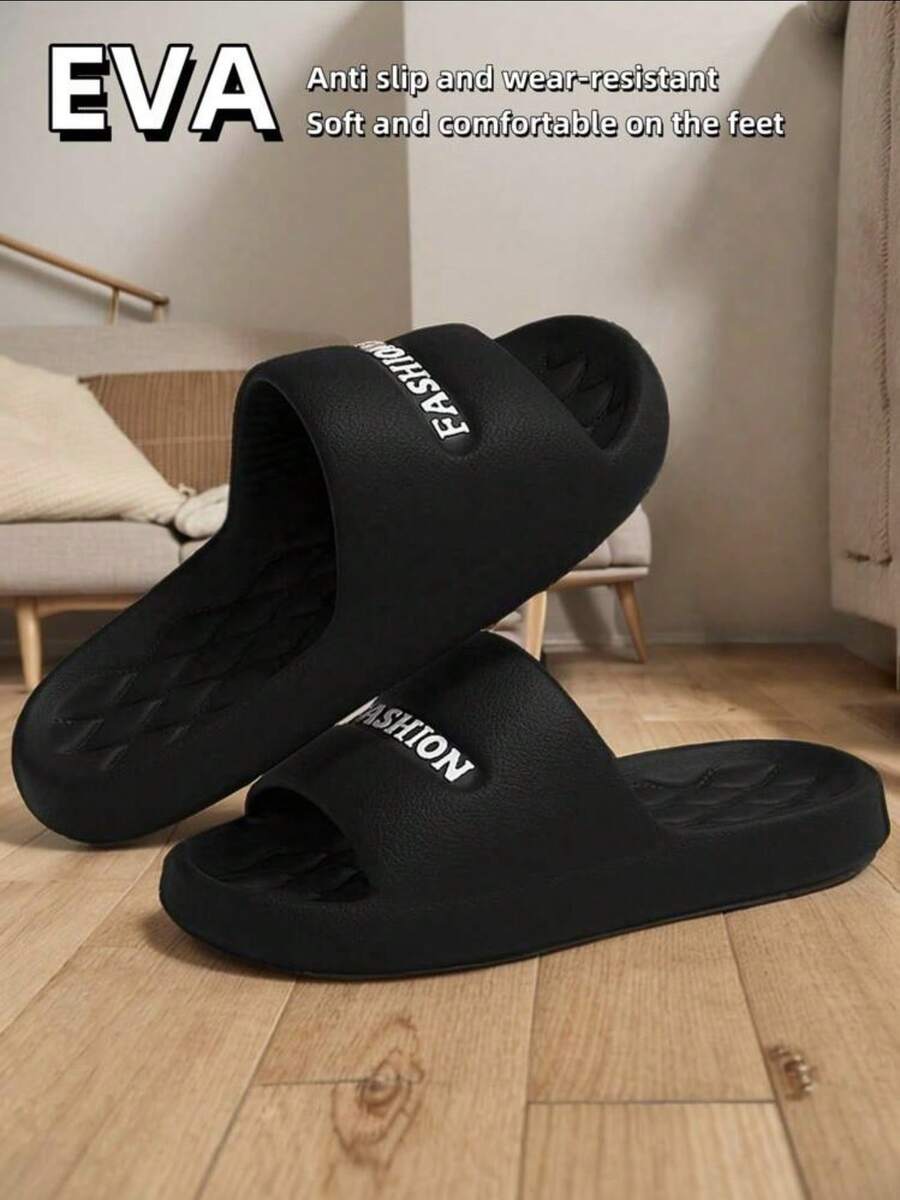 Classic Versatile Leather-Textured Black & White Letter Design Slippers, Soft Thick Massage Sole, Lightweight & Comfortable For Home, Shower, Outdoor, Travel, Beach, Casual, Suitable For Dating, Shopping, Commuting, Party. Size Runs Small, Recommend Ordering One Size Up. Suitable For Valentine's Day, Halloween, Christmas,
