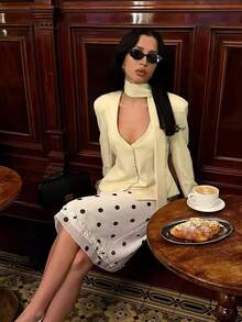 Solid Color Button V-Neck Ribbon Suit Jacket