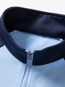 男士插肩袖条纹休闲套头衫，半拉链设计，时尚百搭，春秋季 - 藍色 - 查看 4