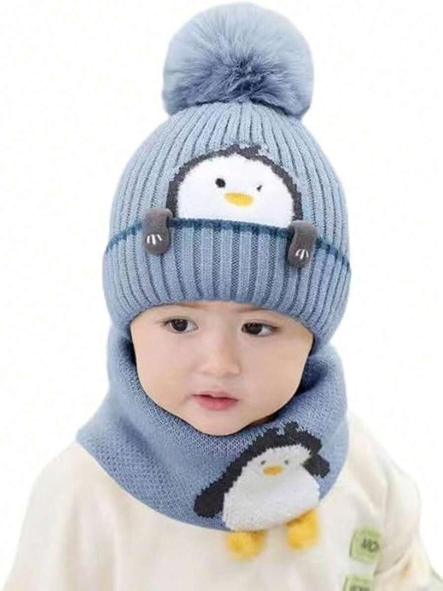 2/3 件婴儿针织帽和围巾套装，保暖内衬，卡通设计，适合幼儿男孩和女孩，秋冬