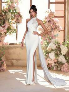 优雅的白色缎面露背吊带长款舞会礼服，配有可调节后系带、长拖尾、晚礼服、舞会礼服、婚纱、新娘礼服 - 白色 - 查看 1