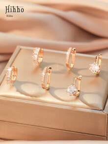 Hihho 6 件/套方晶锆石镶嵌圆形耳环，经典锆石耳环耀眼的 U 形耳环，精美女士珠宝派对礼物 - 圈式耳環 - 查看 5