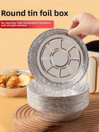 10个银色圆形铝箔盘 铝箔容器 空气炸锅锡纸托盘专用纸盒 烧烤盒 烘焙锡纸碗 家用吸油纸铝箔托盘 可做食物储存烤盘 用于烹饪、加热、储存、户外食物准备 可用于烧烤、煎五花肉、放水果、盛放蔬菜