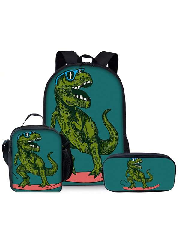 Conjunto de 3 piezas con mochila estampada con patrón de dinosaurio (mochila de una capa + bolsa de almuerzo con correa para el hombro + estuche de lápices de una capa)