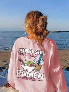 1 件女童休闲拉面印花圆领长袖 T 恤，秋季学生年轻服装上衣 - 美味的面条和珍珠奶茶印花 T 恤会让孩子们微笑，“只是一个喜欢拉面和珍珠奶茶的女孩” - 粉色 - 查看 6