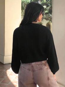 EMERY ROSE Solid Drop Shoulder Button Up Crop Cardigan,Long Sleeve Tops - Black - View 5