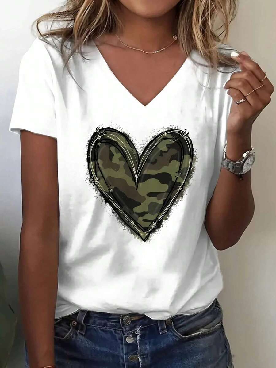 Daily V-Neck T-Shirt With Standard Size Camouflage Heart Print;Suitable For Daily Life, Going Out, Leisure, And The Best Choice To Give To Friends And Family, - 白色 - 查看 1