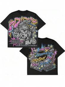 Double Sided Printed (220 Cotton T-Shirt) Portrait And Letter Double-Sided Printed Men's Casual Soft 100_ Cotton Full Splicing Round Neck Short Sleeved T-Shirt