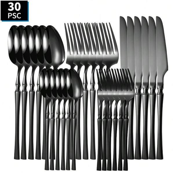 20/30 piezas Juego de cubiertos con funda negra para la cintura, cuchillo, tenedor y cuchara adecuado para reuniones familiares, hoteles, comidas para varios comensales