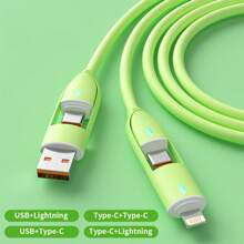 4-In-1 Liquid Silicone Multifunctional Super Fast Charging USB A/Type-C/Lightning LED Lighting Cable, Efficient Data Transfer Compatible With IPhone 16/15/14/13/12/11/Xs/Xr/8/7/6, S24 Ultra/S24/S23 Ultra/S23/S22/S21, Universal Data Cable Compatible With IPhone, Android, Camera, MP3 Universal Adapter Charger