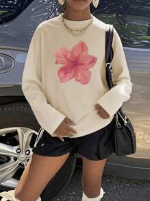 1 szt. dziewczęca luźna koszulka z nadrukiem kwiatowym, okrągłym dekoltem i długim rękawem, jesienna odzież dla studentów i młodzieży - przyciągająca wzrok koszulka z nadrukiem kwiatowym