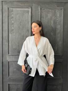 Linne Enfärgat Avslappnat Elegant Korsande Bälte med Knytband i Midjan - Vitt - Visa 1