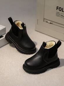 1 双新款日常英伦风冬季儿童皮革短靴，时尚舒适软底轻盈抓绒，适合男孩和女孩