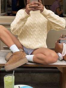 Pull à col rond minimaliste de couleur unie avec torsade, manches longues, épaules tombantes, édition du Nouvel An, mode femme