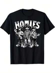 Homies Graphic Men's T-Shirt - Cool Urban Chicano Latino Mexican Pride Design, 100% Cotton Crew Neck Tee With Slight Stretch, Casual Regular Fit Summer Top Featuring Three Cartoon Characters In A Playful Pose, Allseason Tshirt| Geometric Pattern Shirt| Comfortable Stretch Fabric - 黑色 - 查看 1