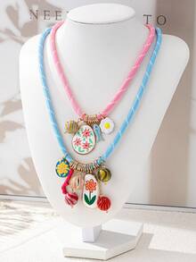 1 chiếc vòng cổ hạt cườm nhiều màu sắc hai lớp kiểu dáng dễ thương, dễ thương màu xanh và hồng, trang sức thanh lịch dành cho nữ - Nhiều màu - Xem 2