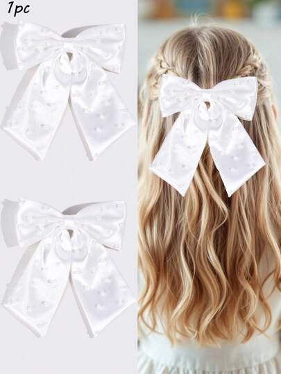 1pc White Pink Solid Color Hair Bow Clips For Girl,Ribbon Pearl Decor Hair Bow Clips For Kids,Fashion Alligator Clips Hair Accessories For Toddlers Party Gifts