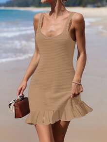 女式夏季驼色杏色简约镂空性感沙滩罩衫吊带裙 - 駝色 - 查看 3