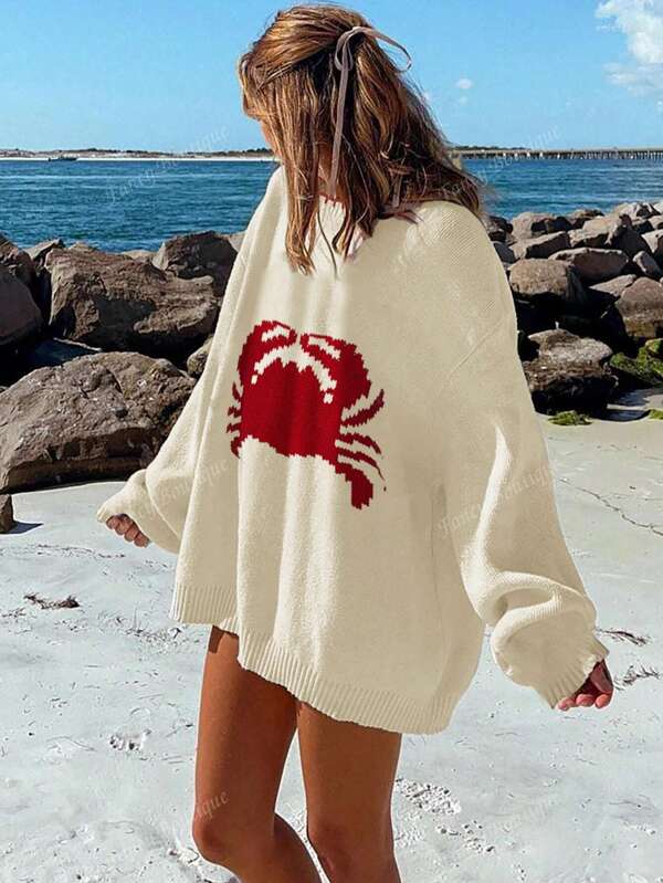 Women's Crab Pattern Round Neck Drop Shoulder Long Sleeve Loose Casual Sweater, Autumn/Winter